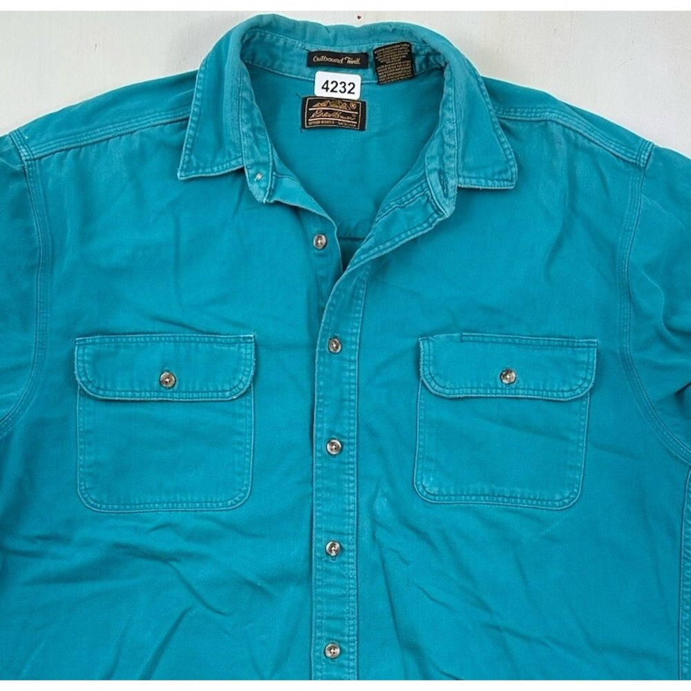 VTG Eddie Bauer‎ Mens XL Outbound Twill Flannel Shirt Teal Blue Distressed USA